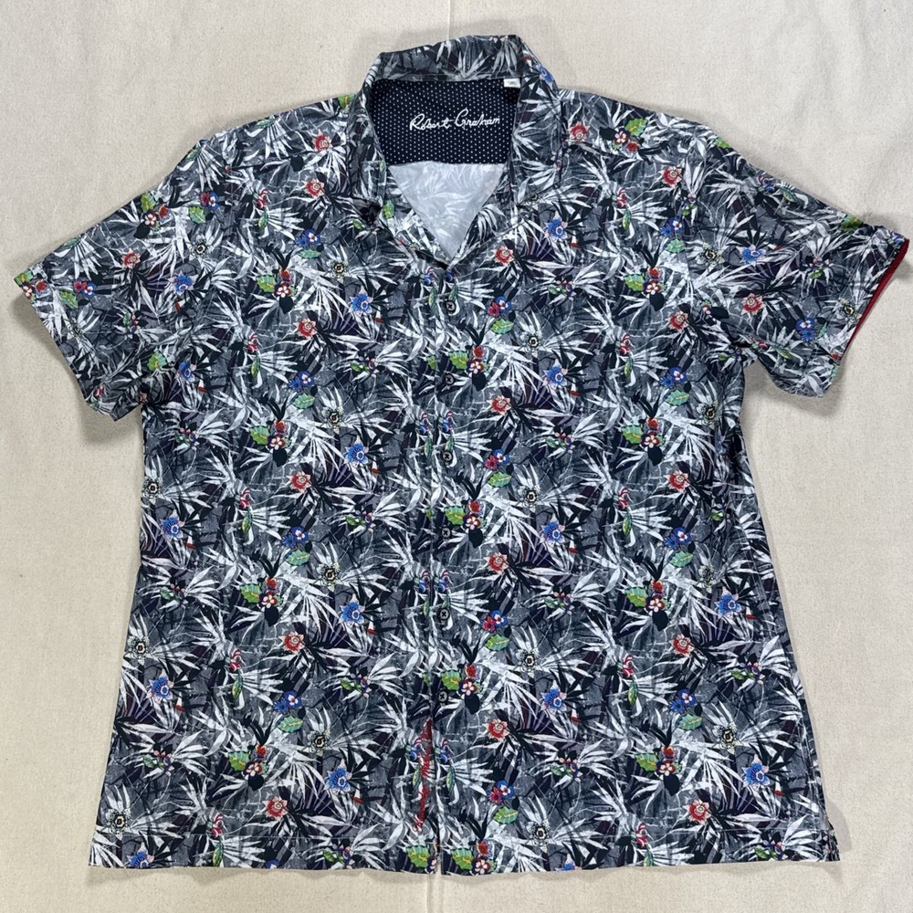 Robert Graham Hargett Print Short Sleeve Shirt Size L $198 Loop Collar